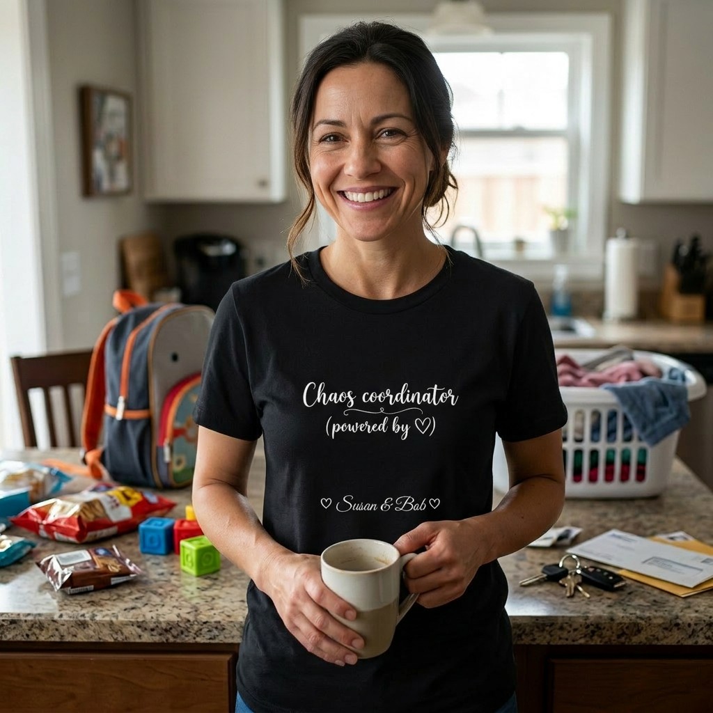 Smiling woman in a kitchen wearing a black personalized Mom Life tee with calligraphy and names on the front